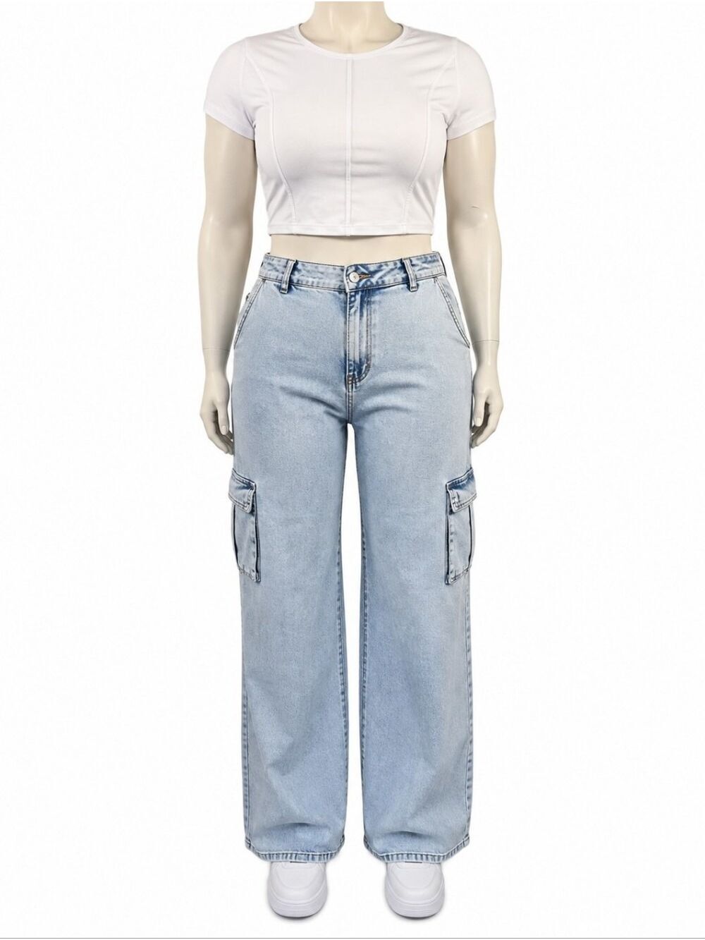 Risen Plus Size Cargo Pockets Wide Leg Jeans 1XL Light Wash High Rise NWT